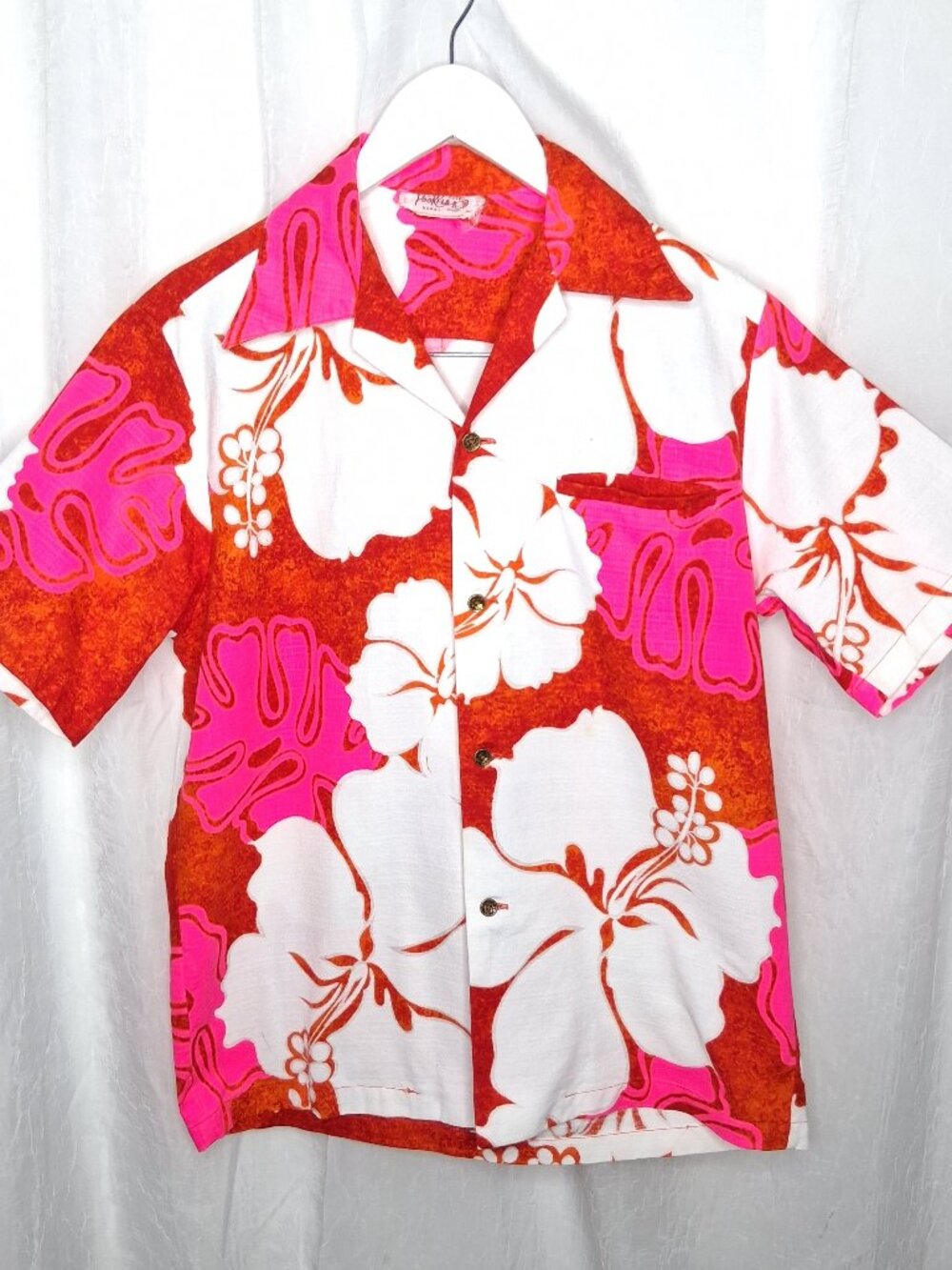 Vintage Po'okela Hawaiian Shirt 60s Neon Orange Pink Barkcloth Tiki Aloha Vibes
